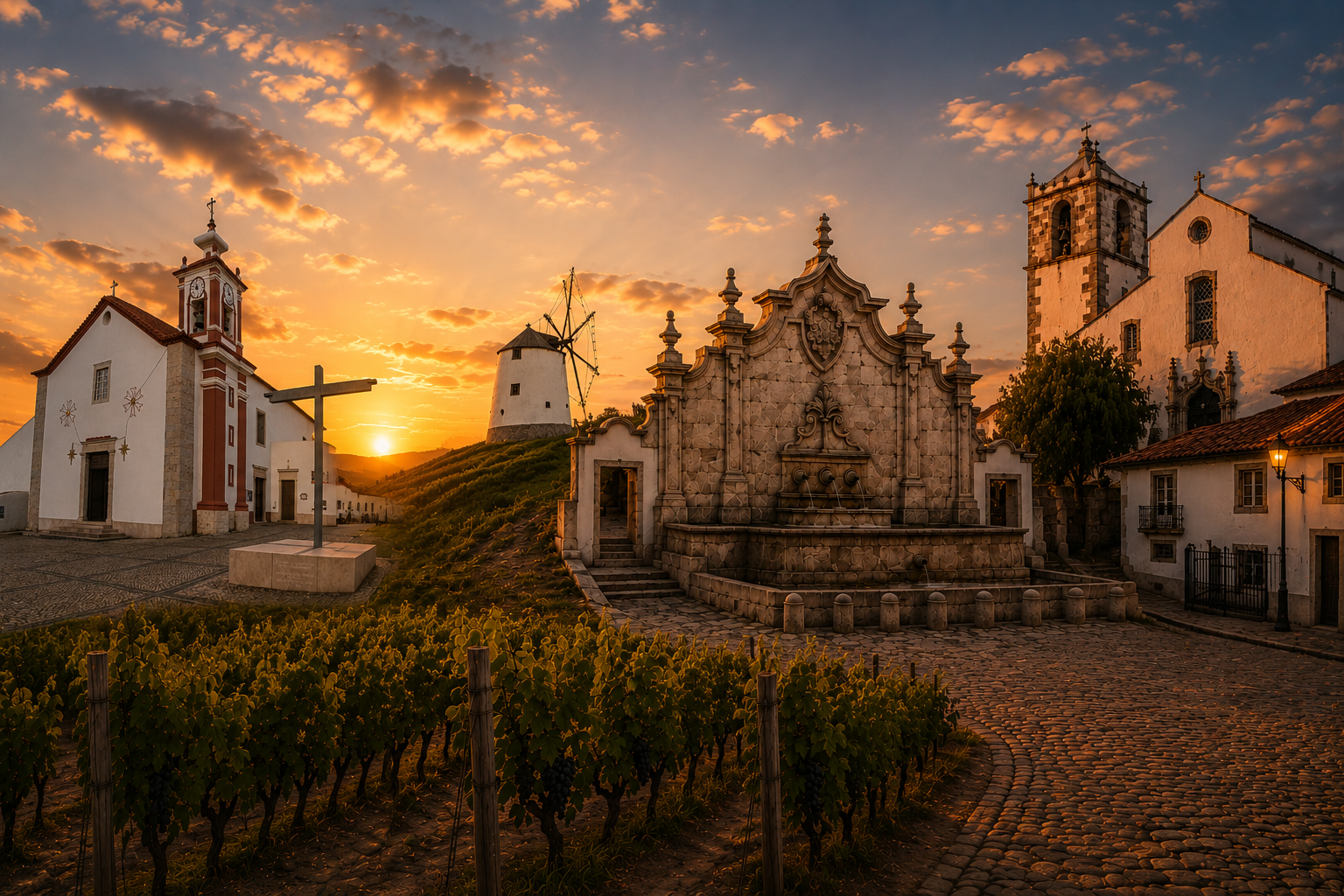Chafariz de Arruda dos Vinhos ao pôr-do-sol, com o moinho e vinhas ao fundo